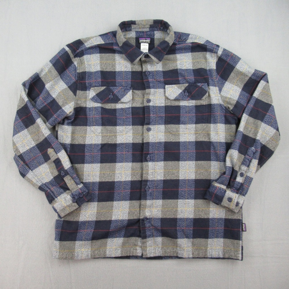 Patagonia Fjord Flannel Shirt Mens L Blue Gray Plaid Organic Cotton 53947FA14